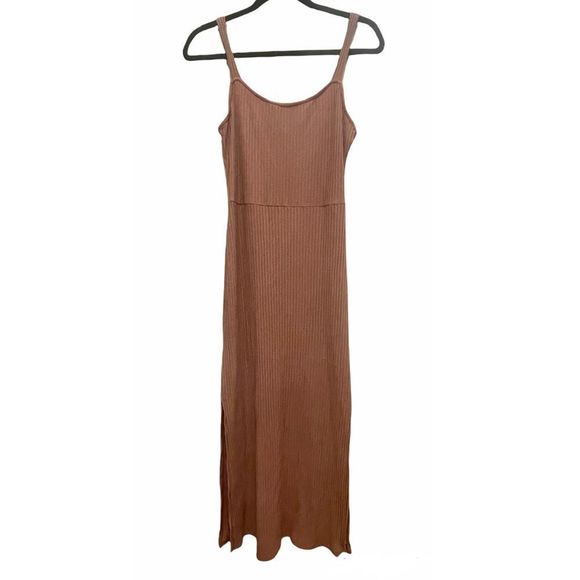 dusty pink ribbed maxi dress with slit - Picture 1 of 8